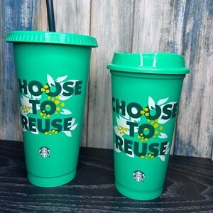 Starbucks green reusable drink cups.